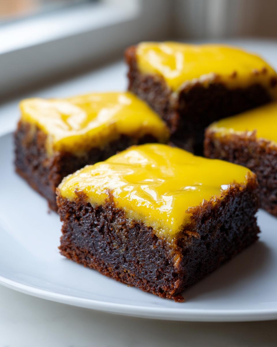 Close-up of fudgy chocolate Lemon Brownies squares topped with a vibrant, glossy yellow lemon glaze on a white plate.