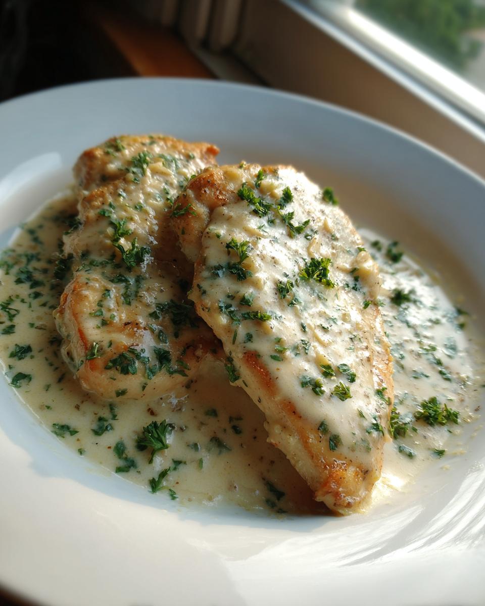 Three pieces of pan-seared garlic parmesan chicken smothered in a creamy white sauce and topped with fresh parsley.