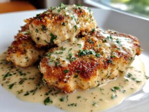 Close-up of pan-seared garlic parmesan chicken breasts covered in a creamy, herb-flecked sauce.