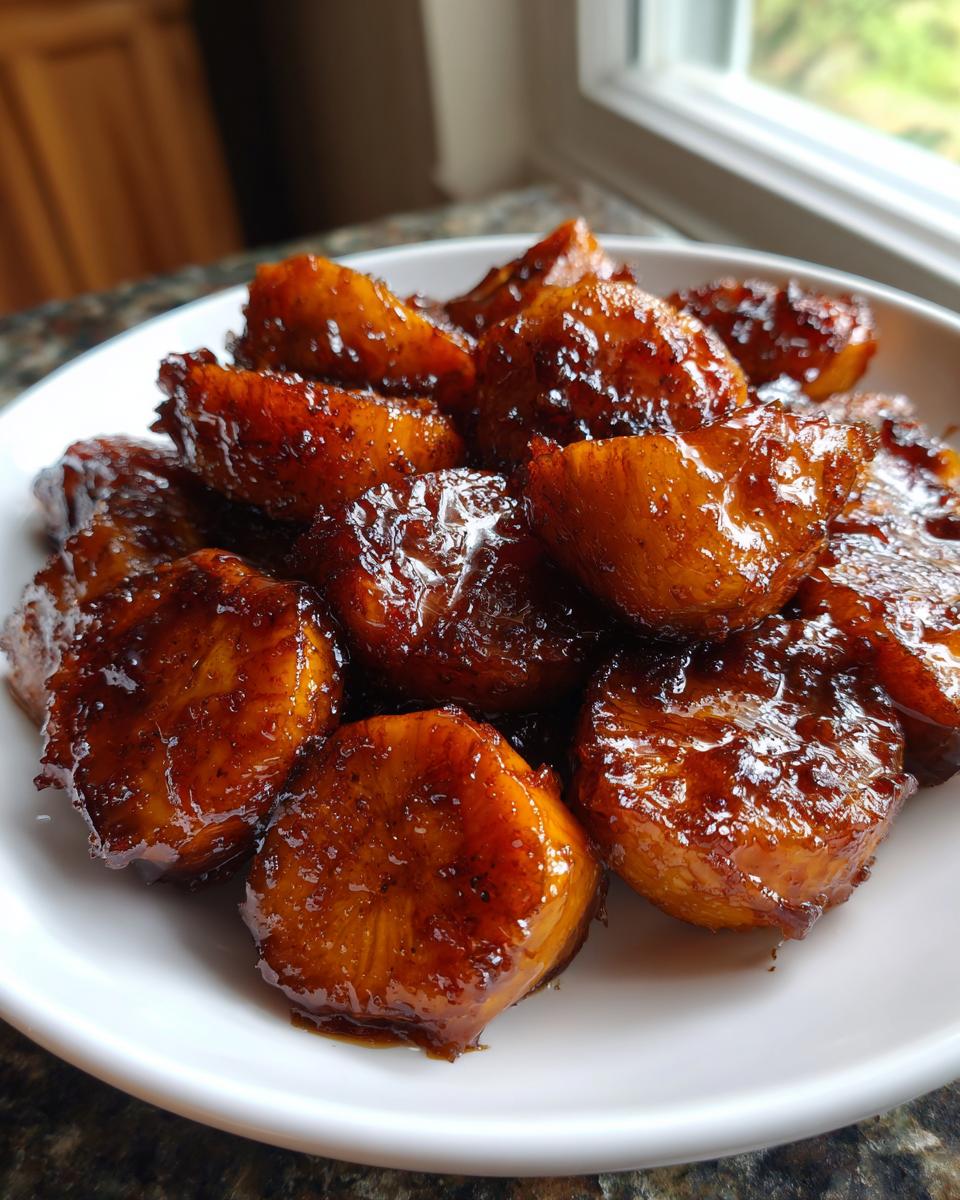Close-up of thick slices of richly glazed candied yams piled high on a white serving dish.
