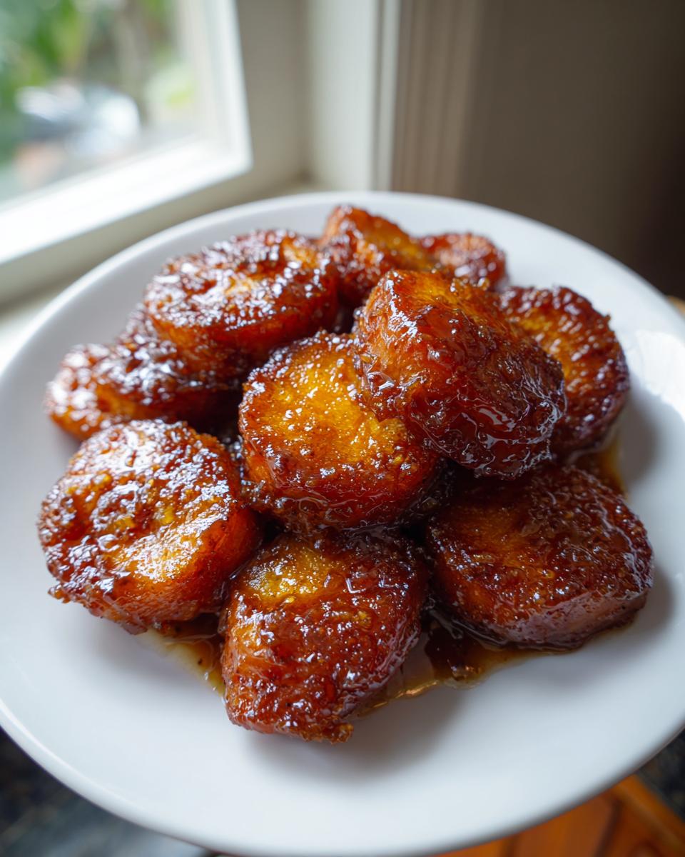 A pile of rich, brown, glazed candied yams served on a white plate near a window.