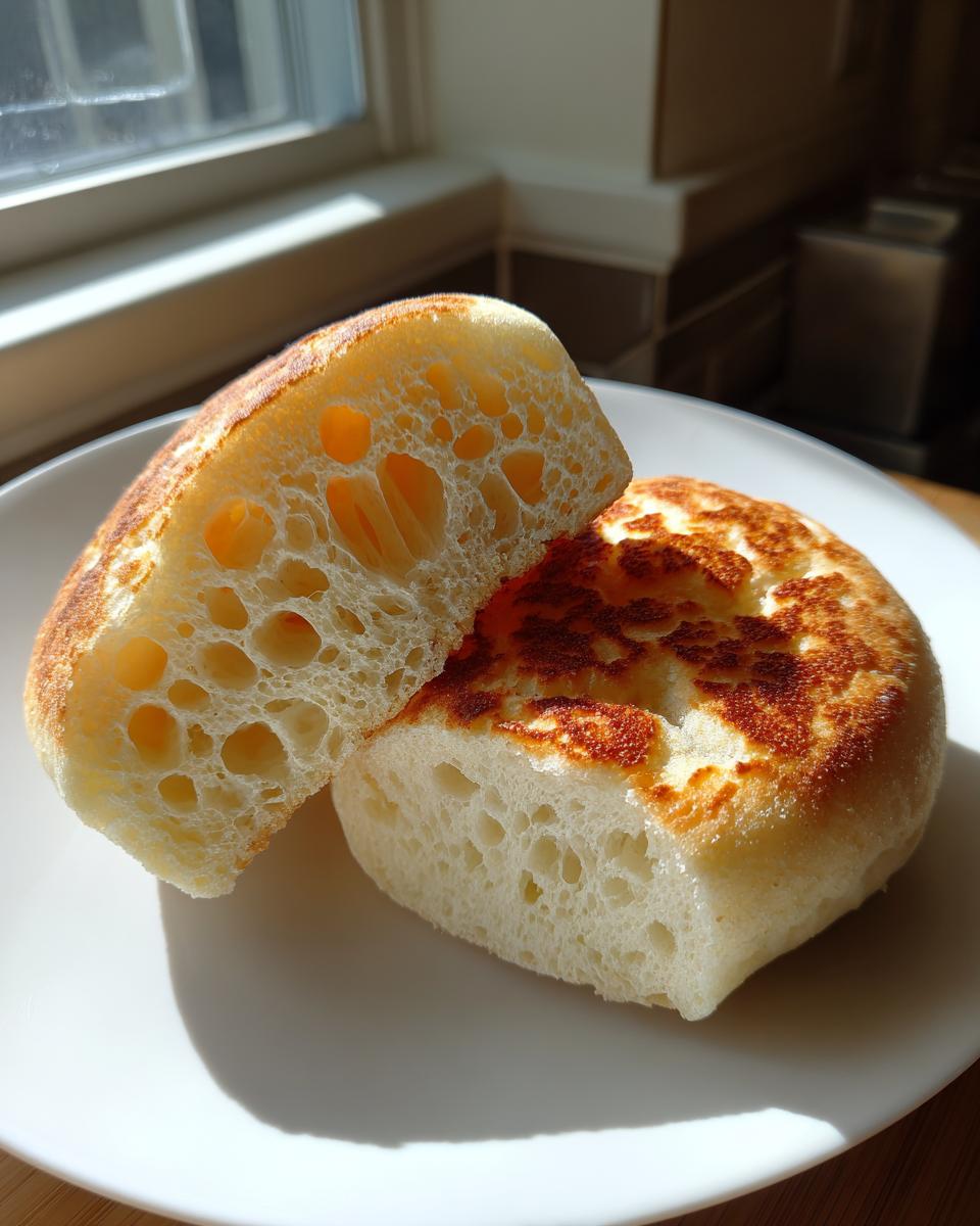 A homemade english muffin sliced in half showing the characteristic large crumb holes and golden toasted exterior.