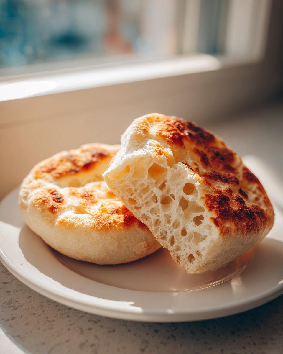 Close-up of homemade english muffins, one split open showing the classic airy crumb structure.