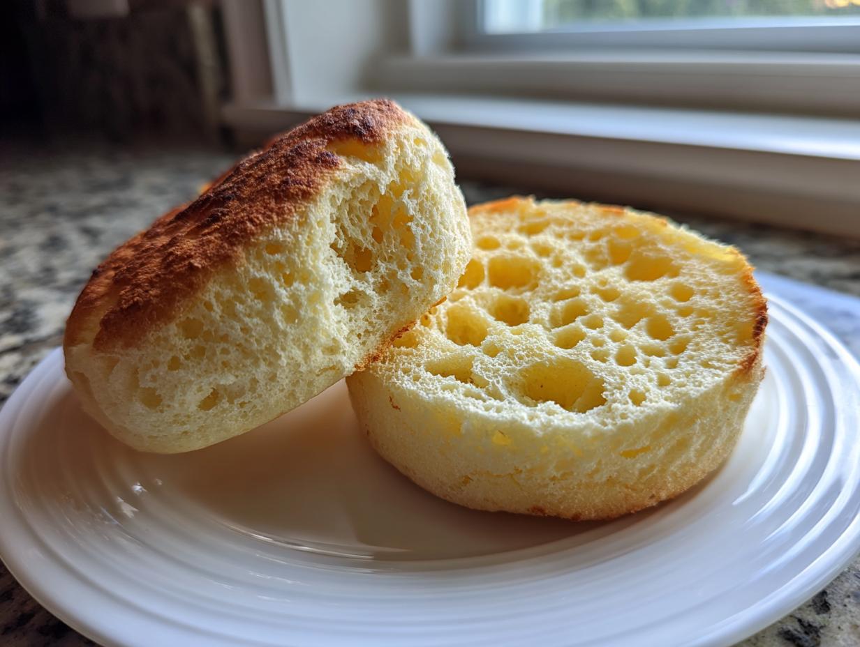 Close-up of homemade english muffins split open, showing the characteristic nooks and crannies texture.
