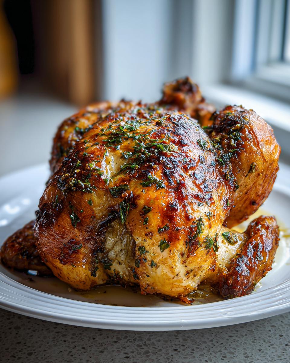A beautifully roasted whole chicken with golden, crispy skin seasoned with herbs, resting on a white plate.