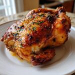 A perfectly roasted whole chicken with glossy, crispy, golden-brown skin, garnished with herbs, resting on a white plate.