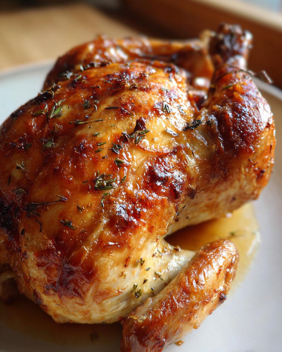 A perfectly roasted whole chicken with glistening, crispy, golden-brown skin seasoned with herbs.