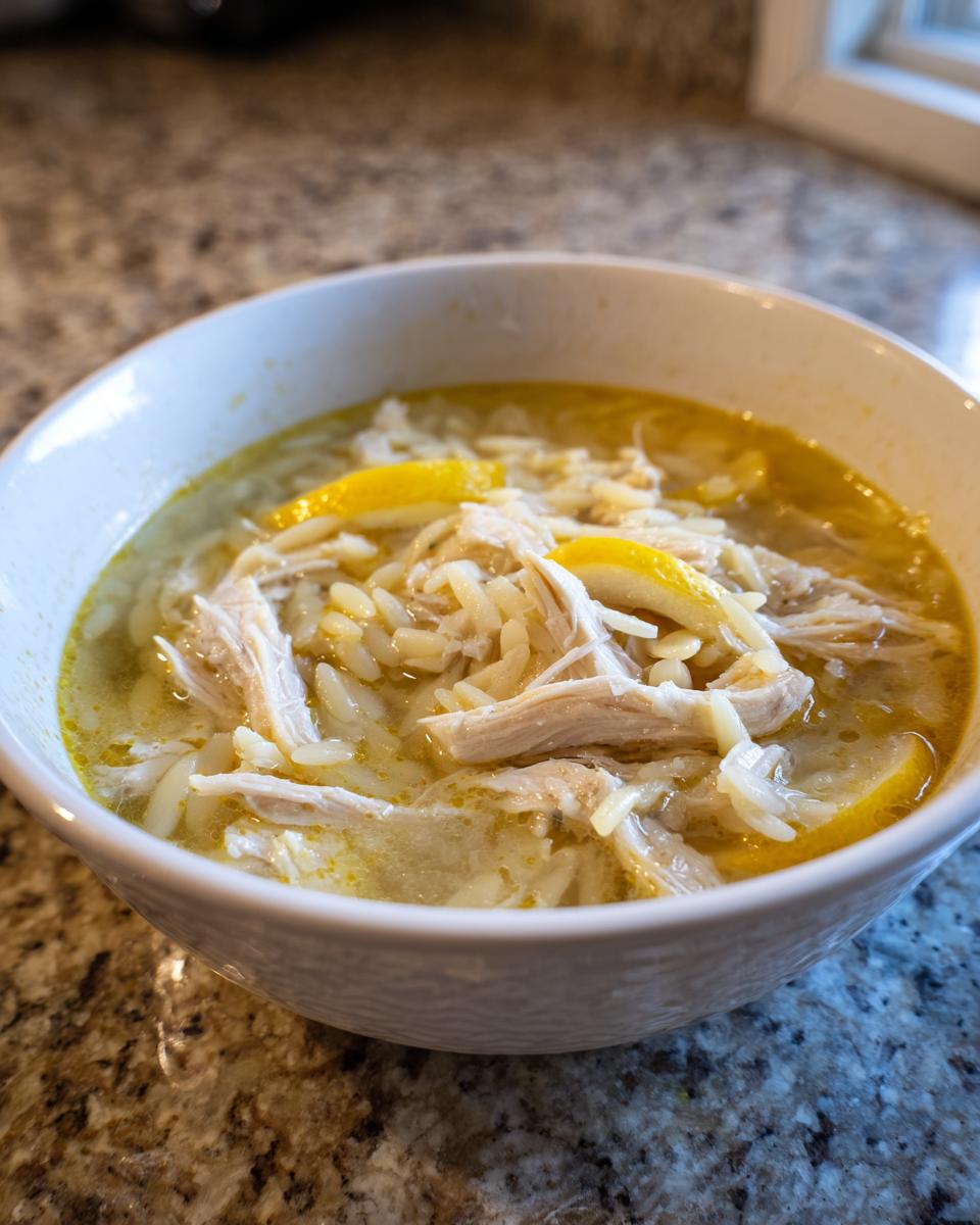 Close-up of a white bowl filled with flavorful chicken orzo soup, featuring shredded chicken and lemon slices.