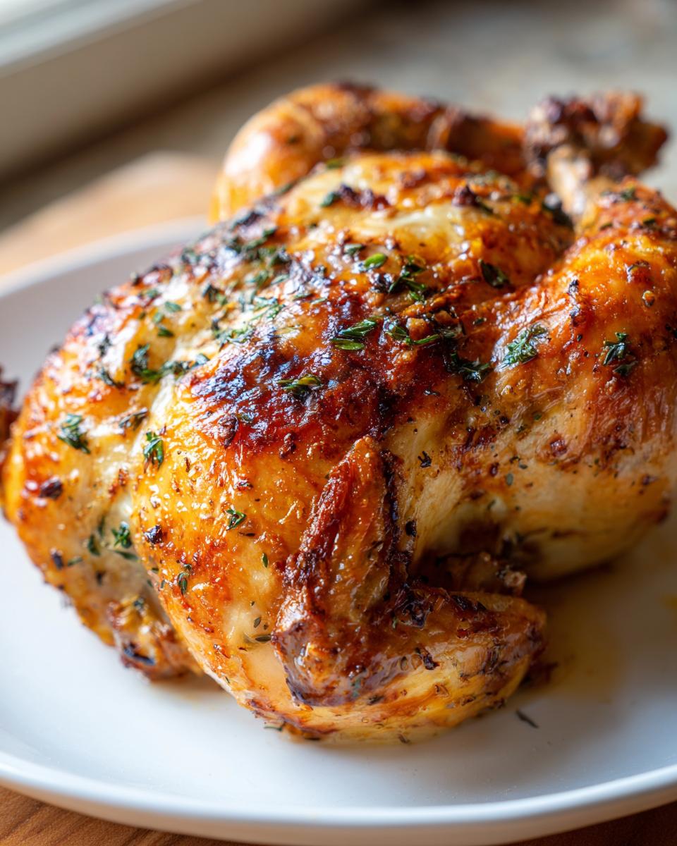 A beautifully roasted whole chicken with golden-brown, crispy skin, garnished with herbs, ready to serve.