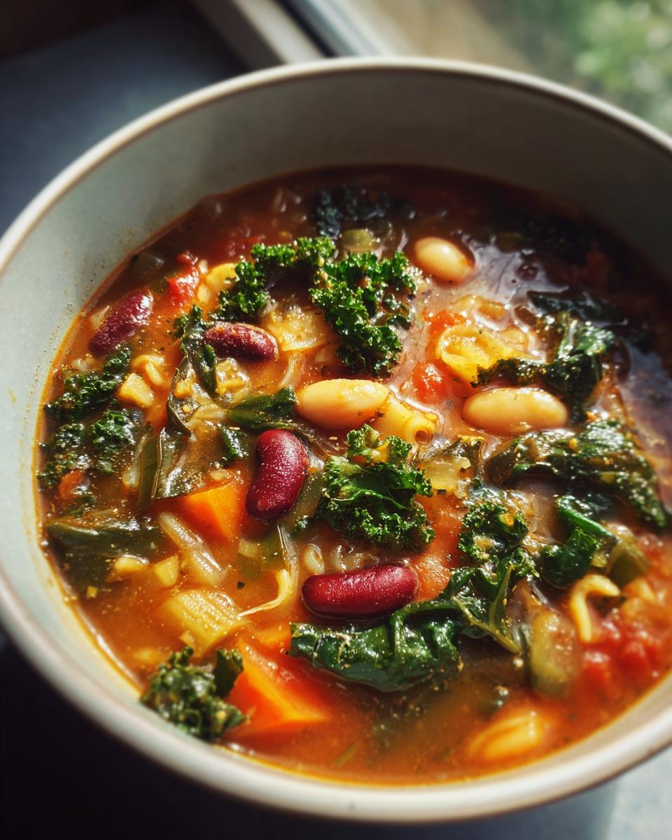 A close-up view of a steaming bowl of rich minestrone soup, featuring kidney beans, white beans, kale, and carrots.