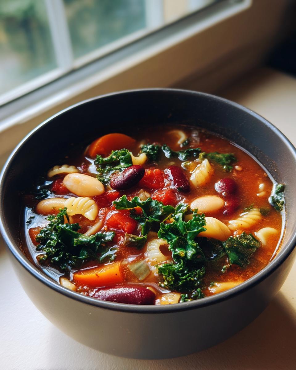 Close-up of a dark bowl filled with rich, tomato-based minestrone soup featuring kale, kidney beans, white beans, carrots, and pasta.