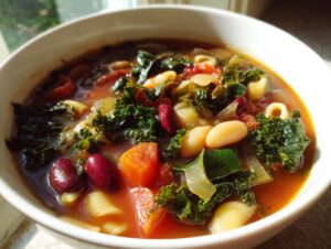 Close-up of a white bowl filled with rich, tomato-based minestrone soup featuring kale, kidney beans, white beans, carrots, and pasta.
