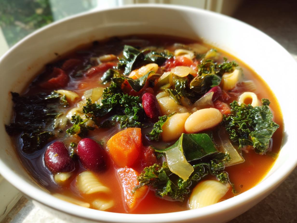Close-up of a white bowl filled with rich, tomato-based minestrone soup featuring kale, kidney beans, white beans, carrots, and pasta.