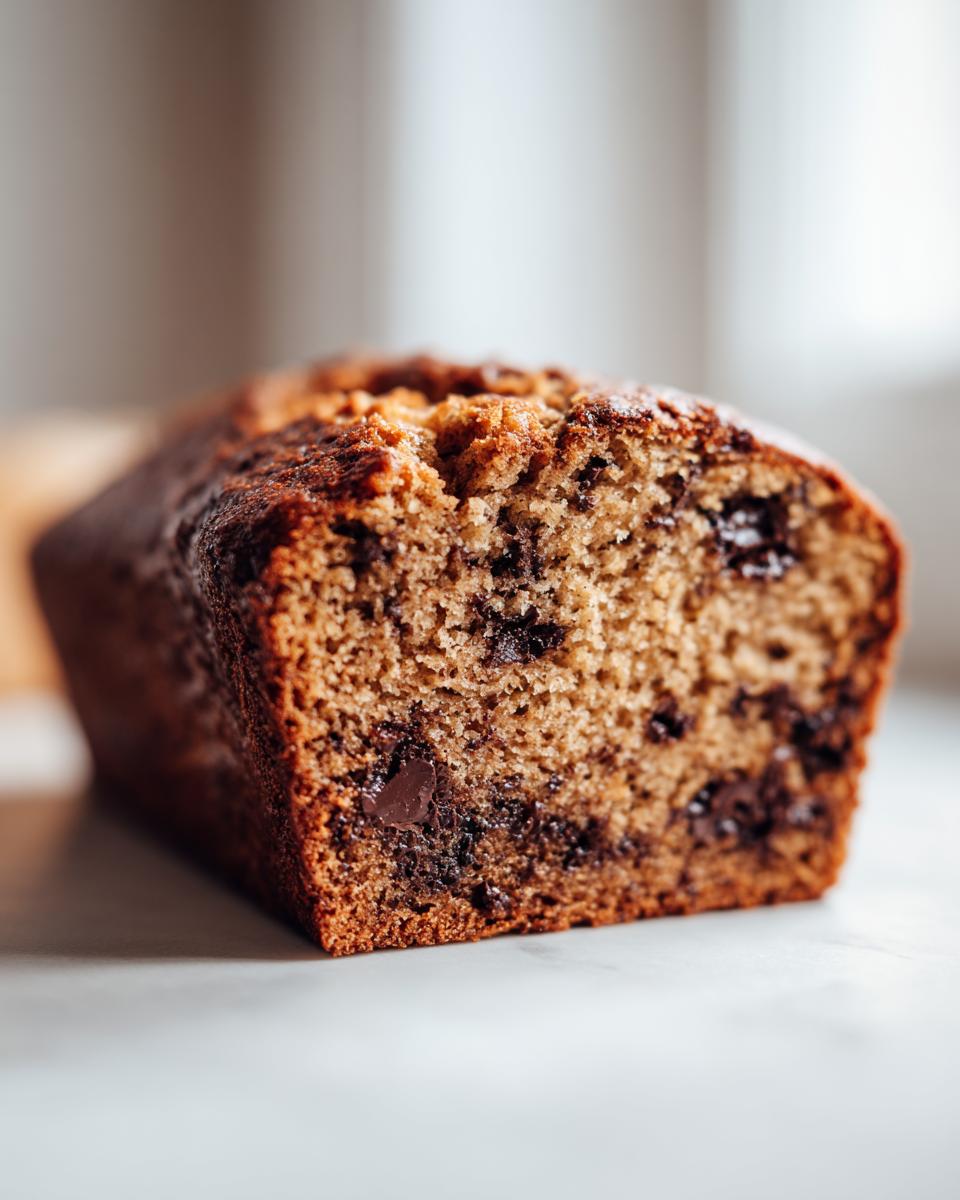 Close-up of a freshly baked, moist chocolate chip banana bread loaf showing the rich texture and melted chocolate chips.