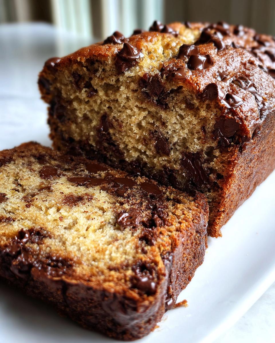 Close-up of a moist chocolate chip banana bread loaf, partially sliced, showing melted chocolate chips throughout the crumb.