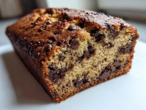 Close-up of a freshly baked, moist chocolate chip banana bread loaf showing rich texture and melted chocolate chips.