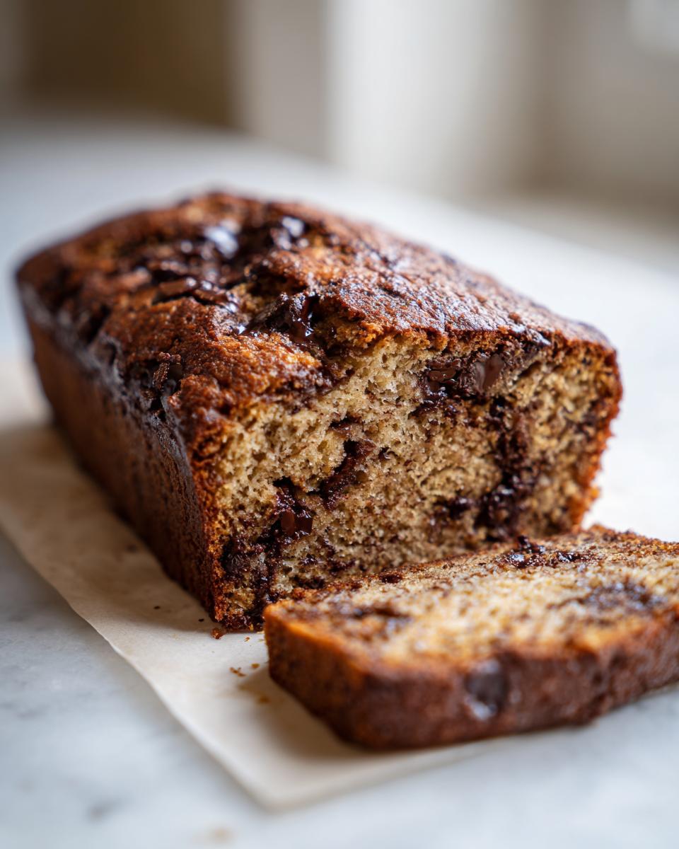 A moist chocolate chip banana bread loaf with one slice cut and resting beside it.