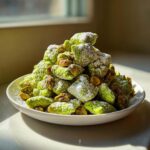 A close-up of a white bowl piled high with bright green pistachio puppy chow dusted heavily with powdered sugar and mixed with whole pistachios.