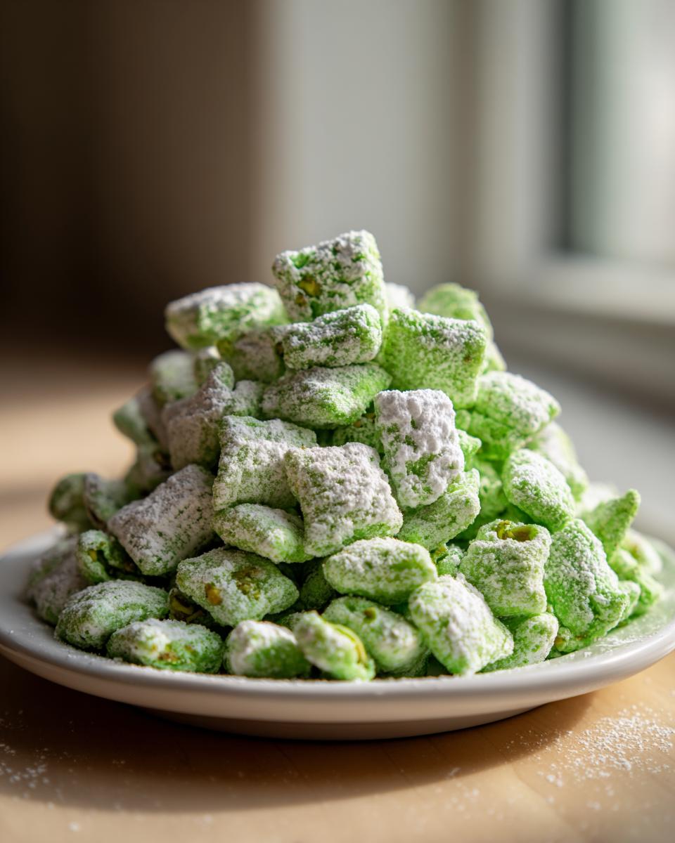 A tall mound of bright green pistachio puppy chow coated heavily in white powdered sugar, served on a white plate.