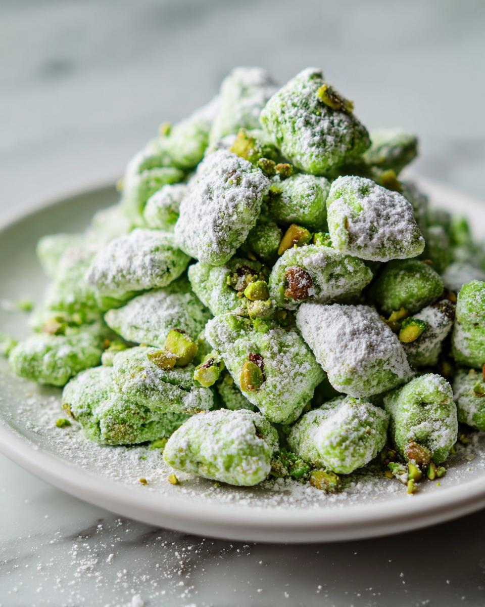 A mound of bright green pistachio puppy chow coated in powdered sugar and topped with chopped pistachios.