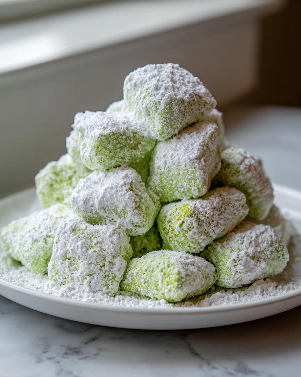 A mound of bright green pistachio puppy chow generously dusted with powdered sugar on a white plate.