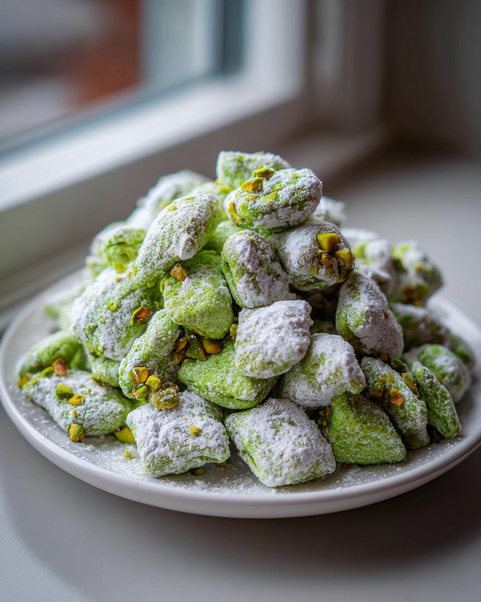 A mound of bright green pistachio puppy chow pieces heavily coated in white powdered sugar on a white plate.