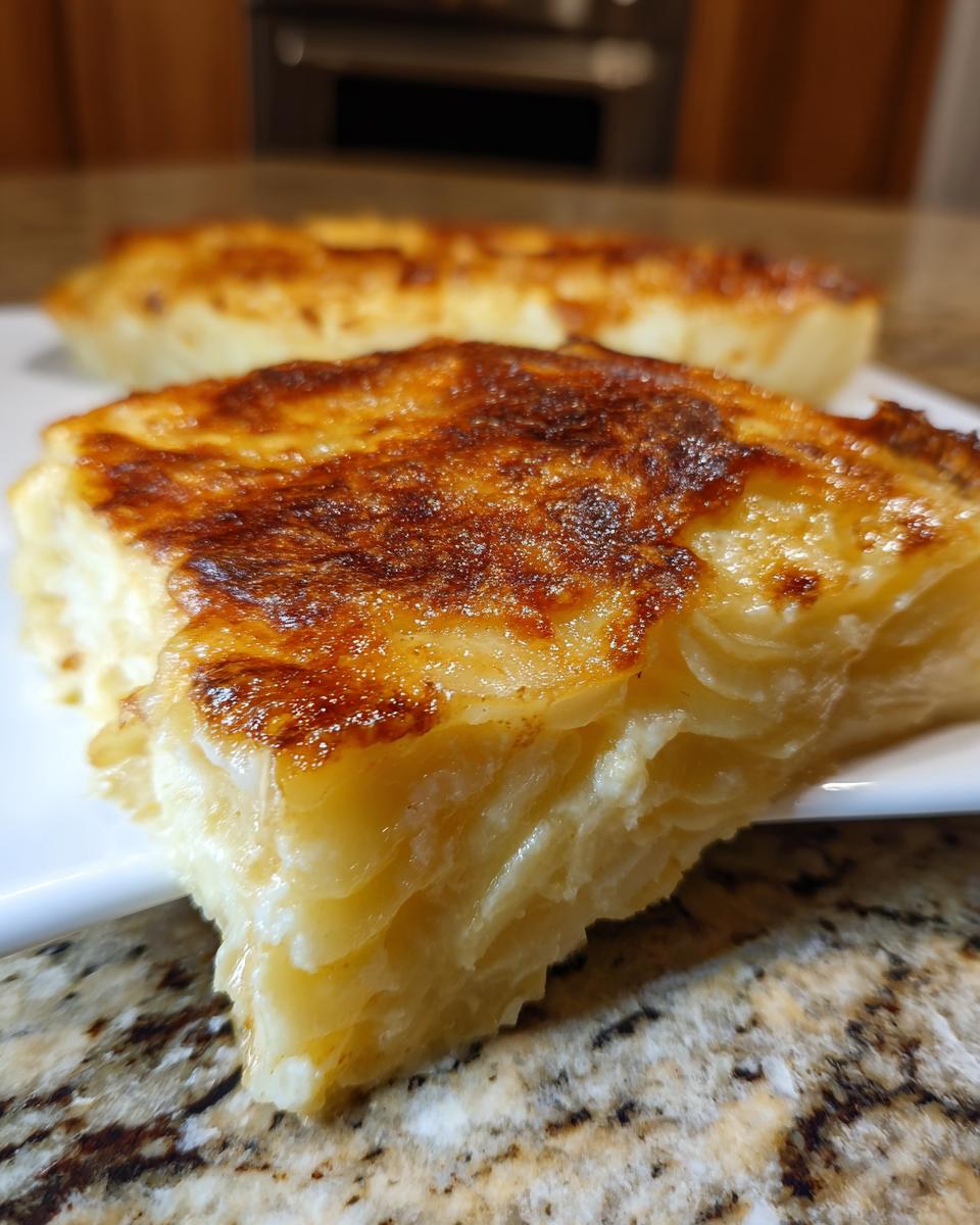 Close-up of a thick slice of creamy potatoes au gratin with a deeply caramelized, golden-brown top crust.