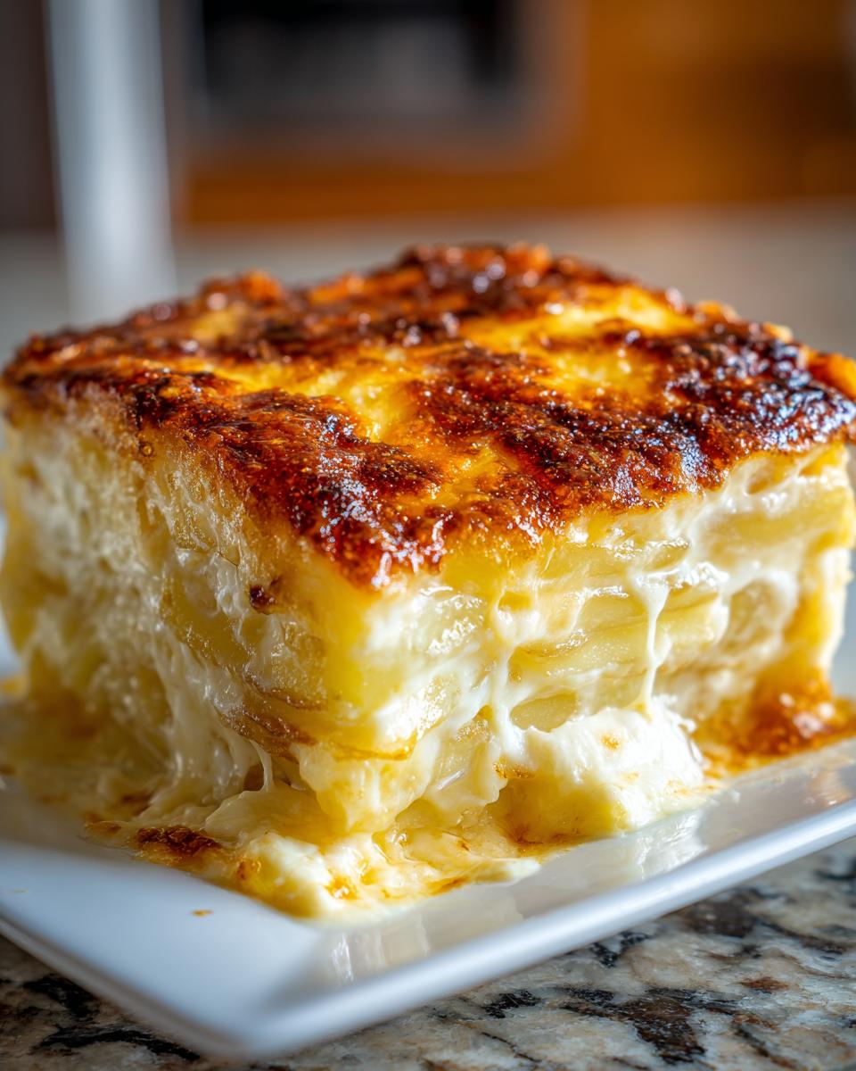 A rich, creamy slice of potatoes au gratin showing layers of tender potatoes and bubbling cheese sauce.