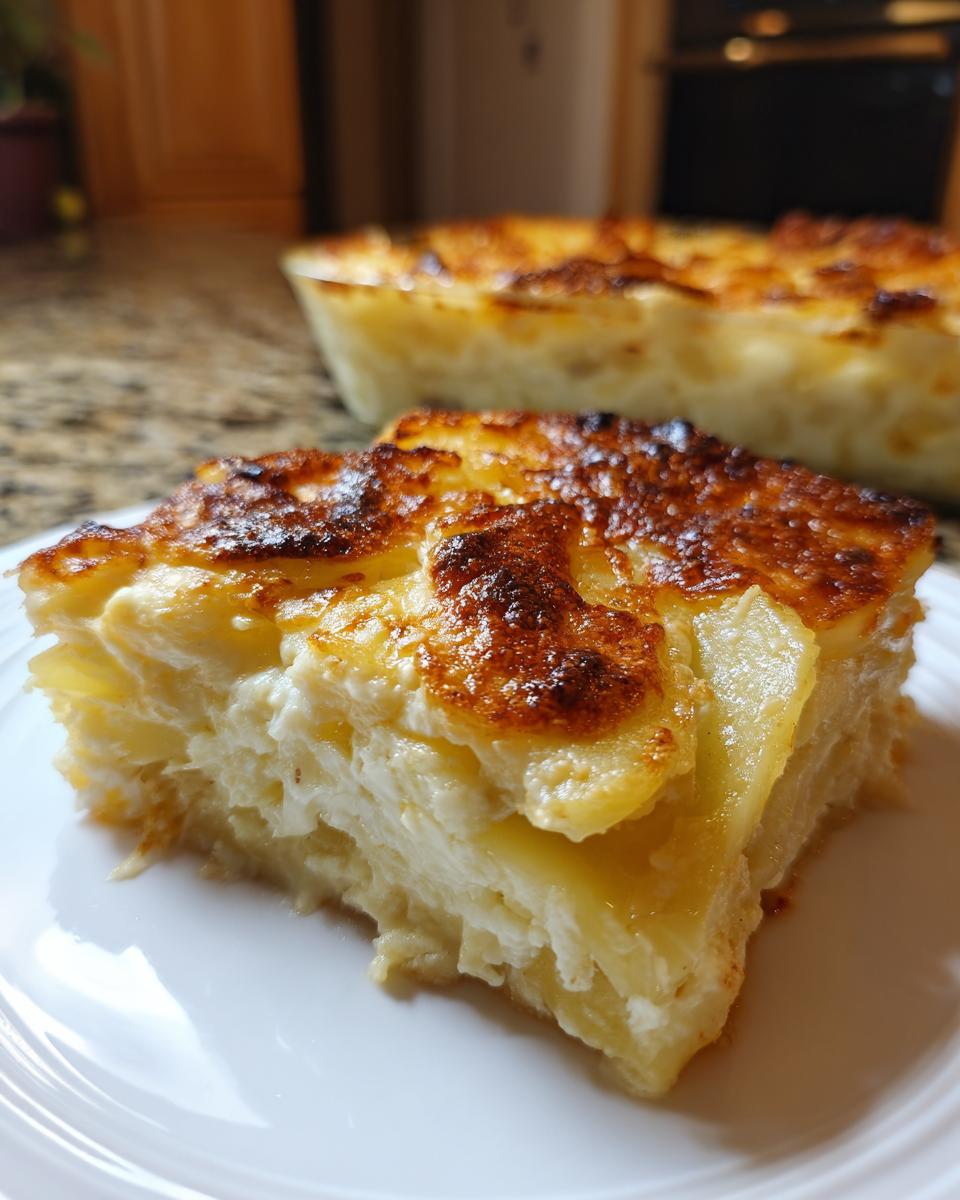 A thick, creamy slice of potatoes au gratin served on a white plate with a beautifully browned, cheesy crust.