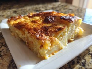 A thick, creamy slice of potatoes au gratin with a beautifully browned and cheesy crust.