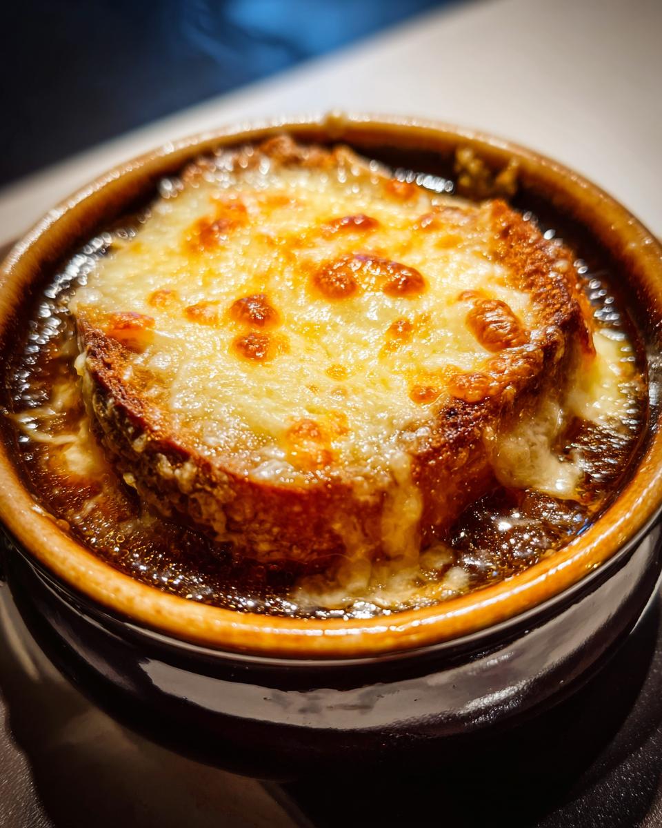 Close-up of a steaming bowl of french onion soup topped with a thick layer of melted, browned cheese over crouton.
