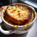Close-up of a rich bowl of french onion soup topped with a thick, browned layer of melted cheese over toast.