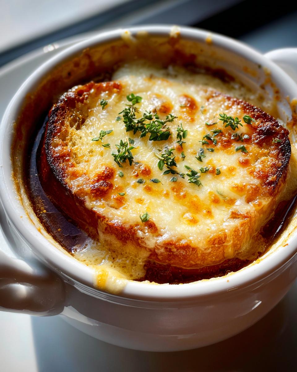 Close-up of a classic french onion soup topped with a thick layer of melted, browned cheese and fresh thyme.