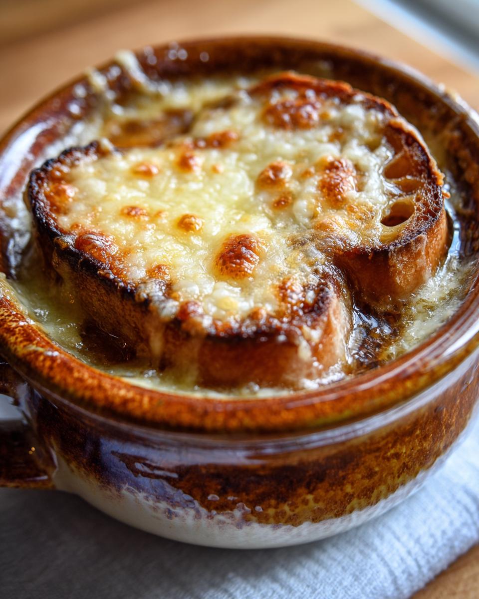 Close-up of a rich bowl of french onion soup topped with a crouton and bubbly, melted Gruyère cheese.