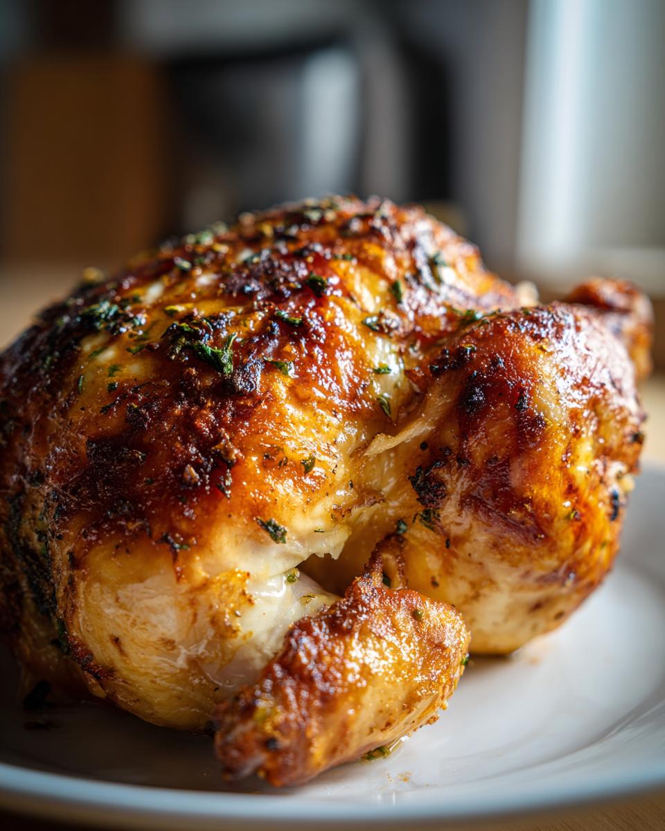 Close-up of a beautifully roasted whole chicken with golden-brown, crispy skin seasoned with herbs.