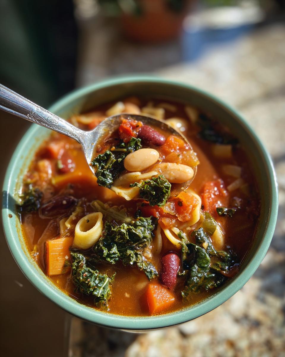 A spoonful of rich minestrone soup being lifted from a bowl, showing beans, kale, carrots, and pasta.
