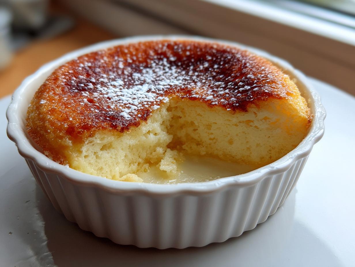 A close-up of a fluffy, golden-brown baked egg custard in a white ramekin with a scoop removed.