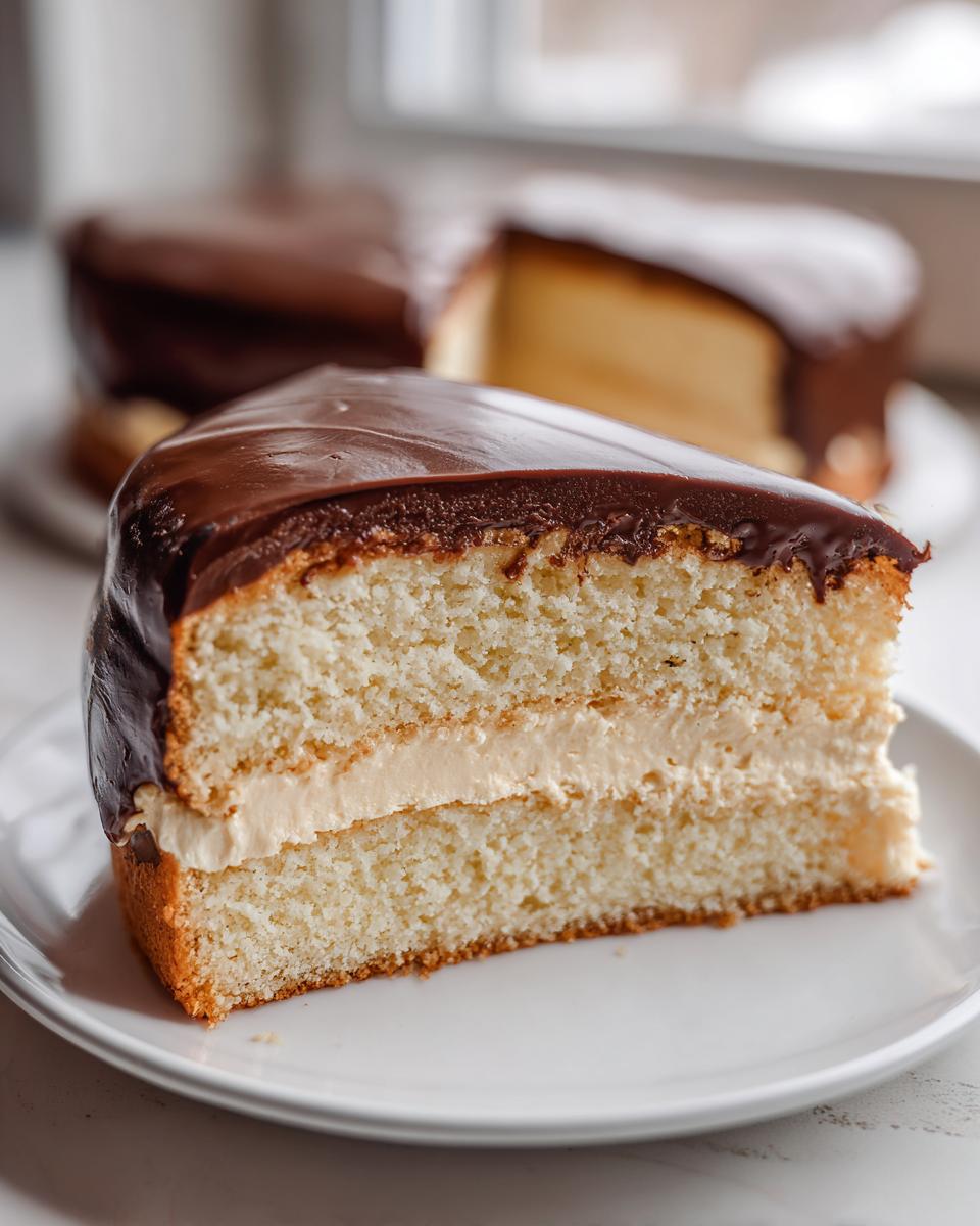 Close-up of a moist slice of Boston Cream Pie showing vanilla cake, pastry cream filling, and rich chocolate ganache.