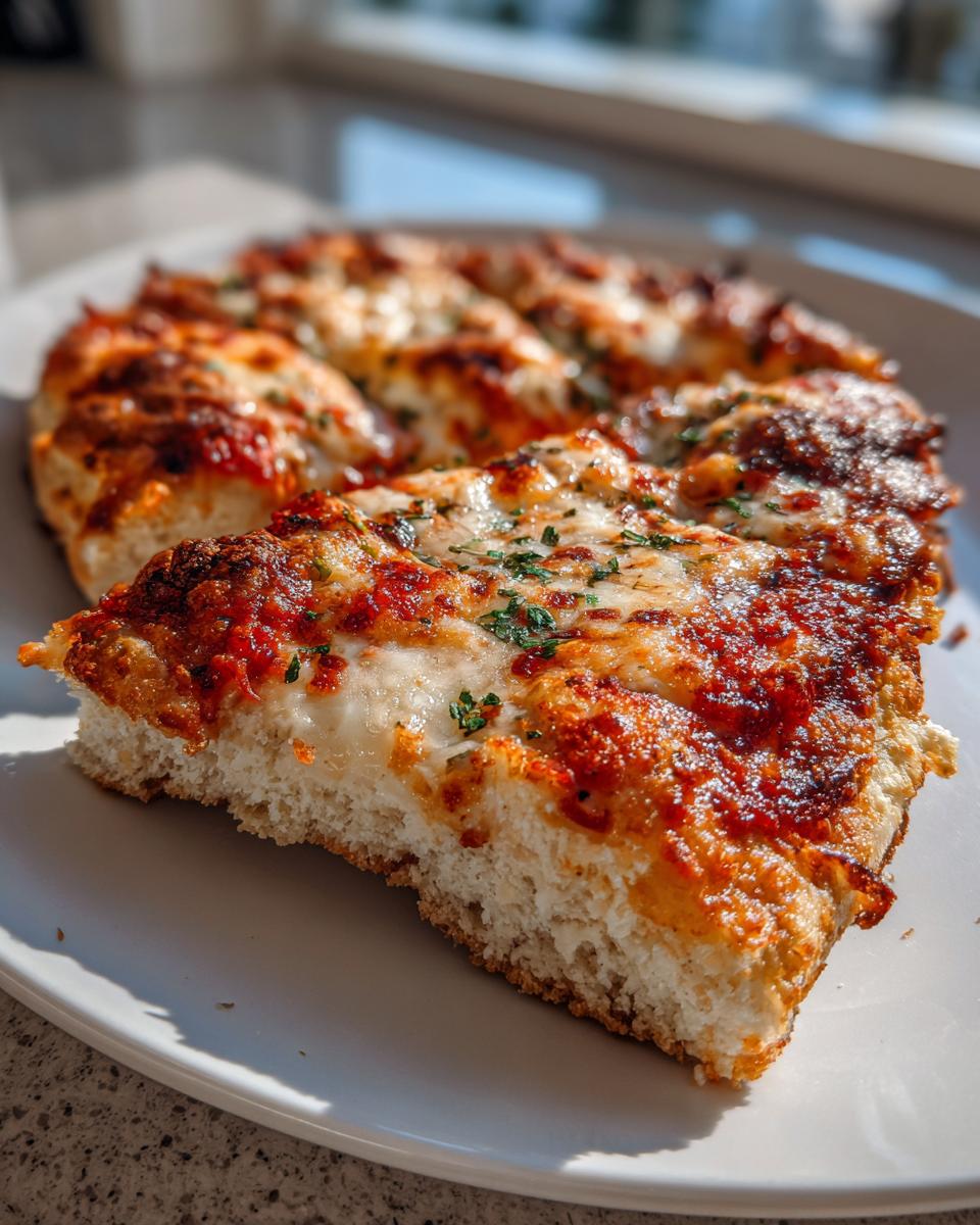 A thick slice of pizza showing the fluffy texture of the cottage cheese pizza crust topped with melted cheese and sauce.