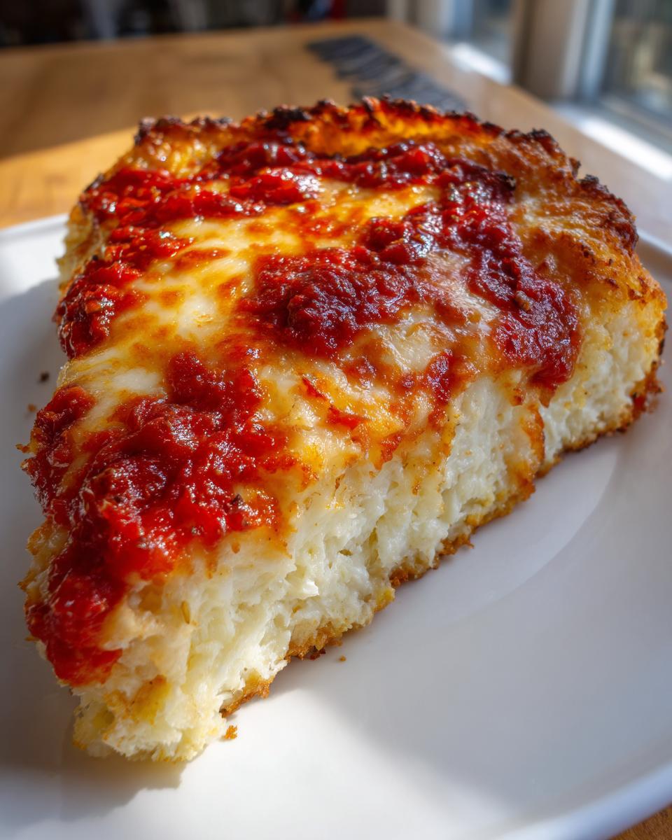 Close-up of a thick slice of pizza showing the fluffy cottage cheese pizza crust topped with melted cheese and vibrant red sauce.