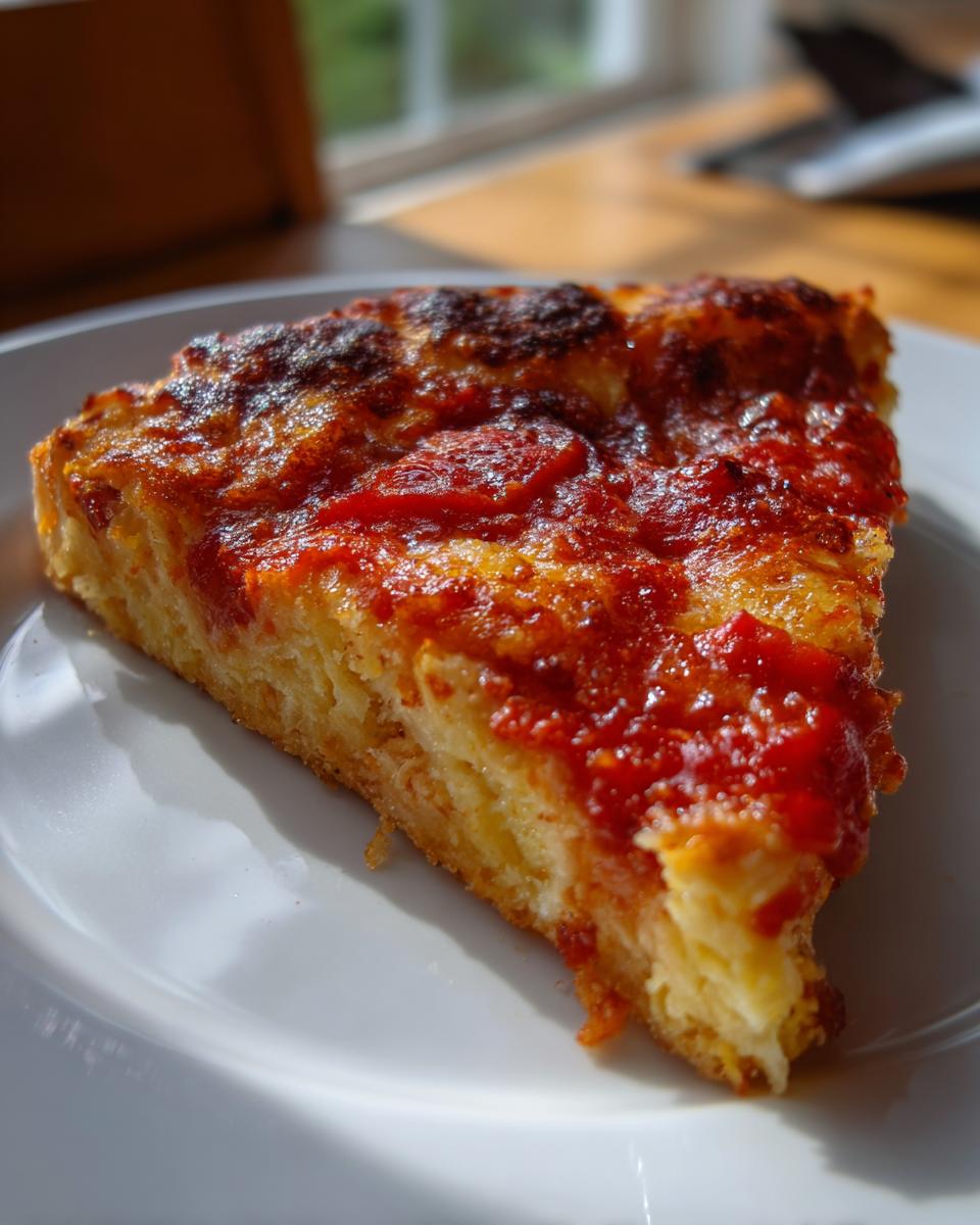 A thick slice of pizza showing the dense cottage cheese pizza crust base topped with rich tomato sauce.