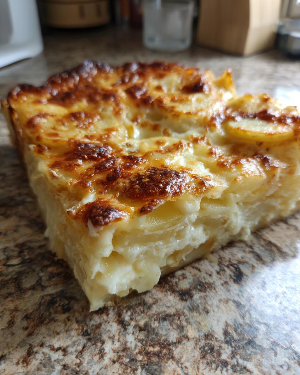 A thick slice of creamy potatoes au gratin showing layers of tender potatoes and a richly browned, cheesy top.
