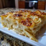 A close-up slice of creamy potatoes au gratin with a golden, bubbly, and seasoned top crust.
