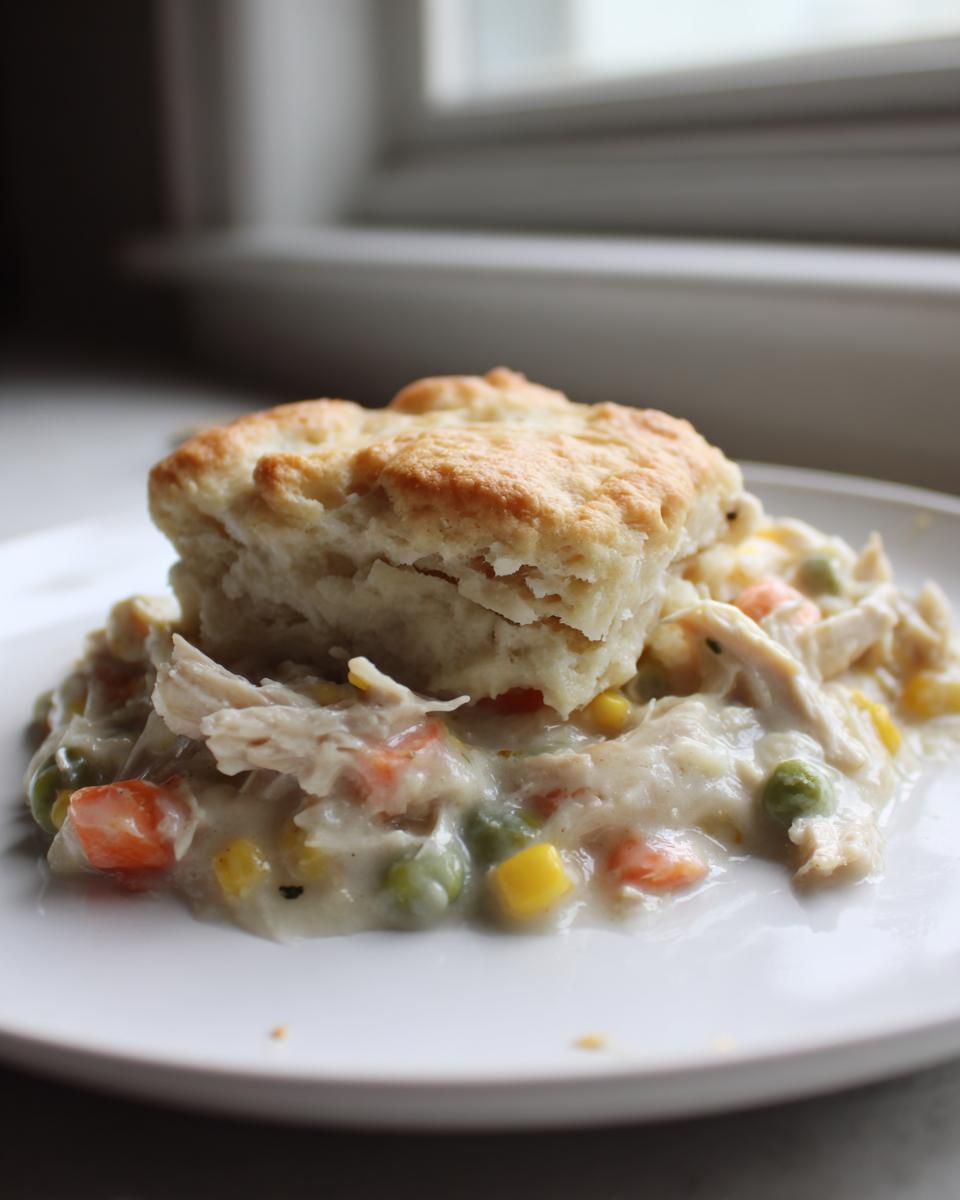 A serving of creamy slow cooker chicken pot pie filling topped with a fluffy, golden biscuit.