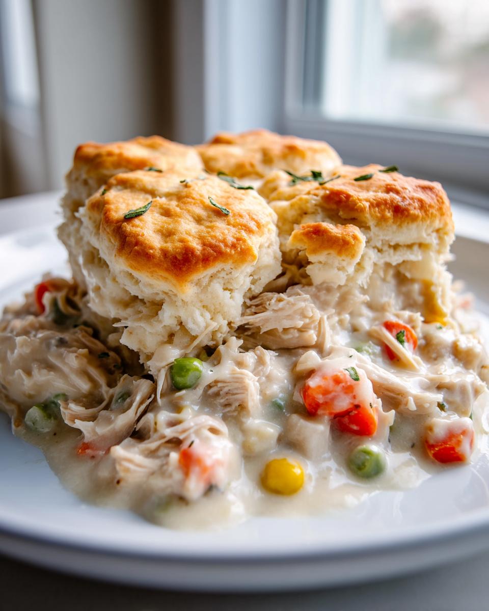 A serving of creamy slow cooker chicken pot pie filling topped with golden brown biscuits, garnished with herbs.