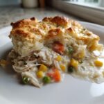 A close-up of a serving of creamy slow cooker chicken pot pie topped with a golden biscuit crust.