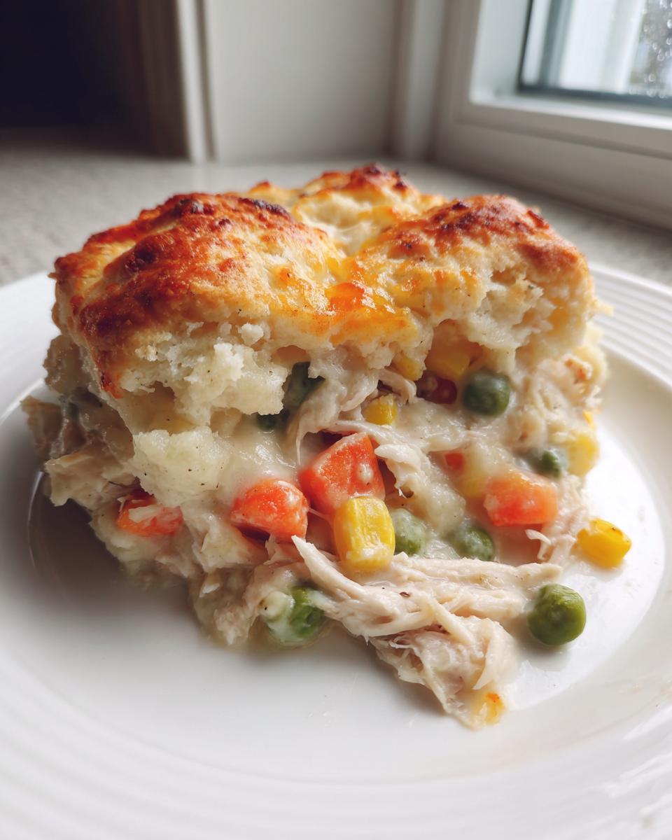 A close-up serving of creamy slow cooker chicken pot pie topped with a golden brown biscuit crust.