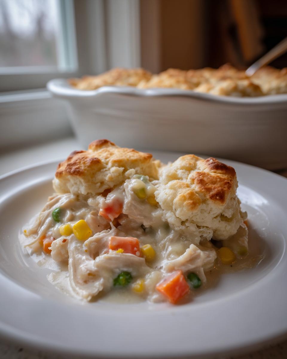A serving of creamy slow cooker chicken pot pie topped with golden biscuits on a white plate.