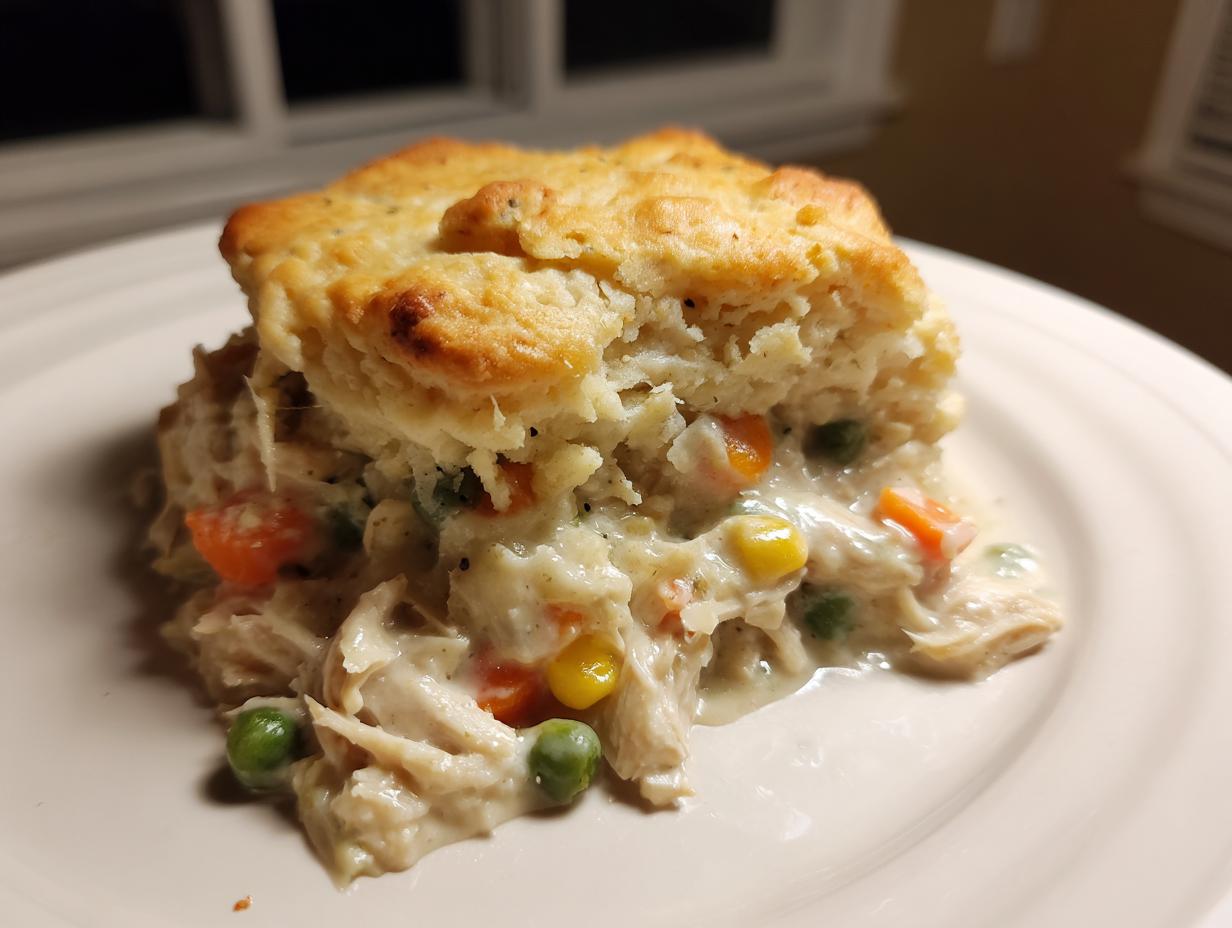 A close-up serving of creamy slow cooker chicken pot pie topped with a golden biscuit on a white plate.