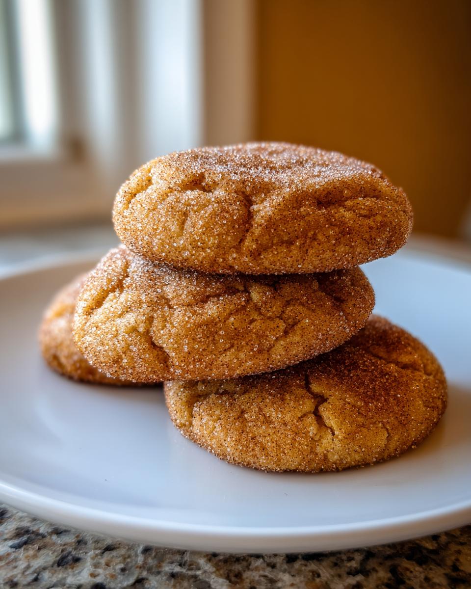 A stack of three soft, chewy cinnamon cookies generously coated in cinnamon sugar, resting on a white plate.